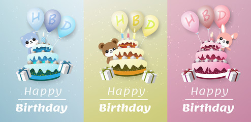 rabbit, bear and dog behide a cake . There is an HBD letter on the balloon and a white background flag floats out of the cake. On the blue-green background