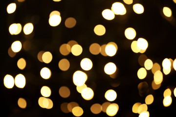 Blurred view of beautiful lights on black background. Bokeh effect
