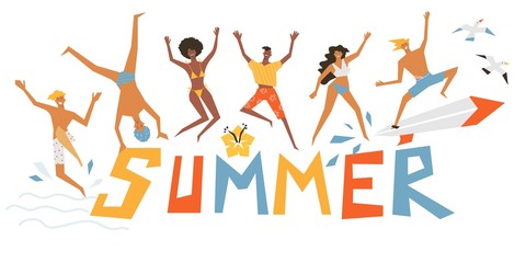 Happy friends on a background of beach scenery. Vector illustration in cartoon style