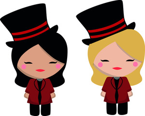 Vector drawing of cartoon girl with blonde and brunette hair and top hat