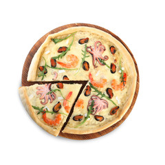 Hot delicious seafood pizza isolated on white, top view