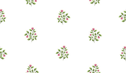 Garden floral seamless gouache pattern, spring flowers and leaves
