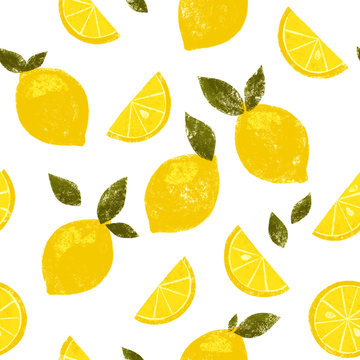 Cute bright retro lemon citrus seamless tiling wallpaper pattern with white background