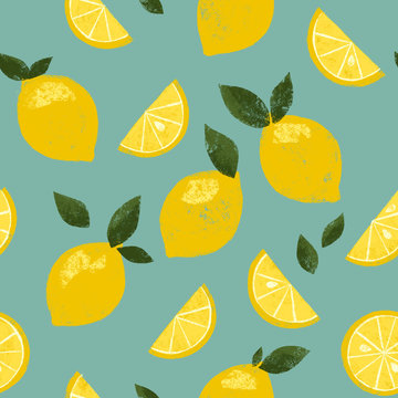 Cute bright retro lemon citrus seamless tiling wallpaper pattern with blue background