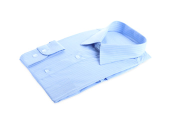 Stylish light blue shirt isolated on white. Dry-cleaning service