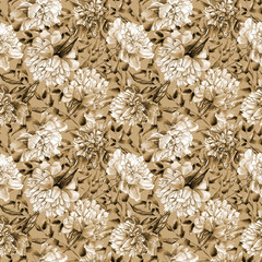 Watercolor art pattern of leaves and peonies. Floral seamless pattern. Design for wallpaper, background, packaging, wrapping paper, textile, fabric, covers.