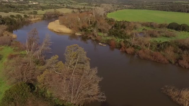 aerial view of the overflight of the lake and coghinas river in sardinia wrapped in trees and agricultural fields with the drone