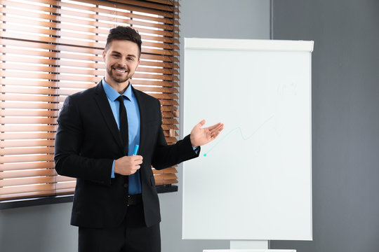 Professional Business Trainer Near Flip Chart In Office