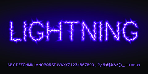 light violet blue neon electric lightning font set