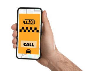 Man ordering taxi with smartphone on white background, closeup