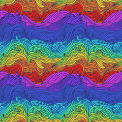 Seamless waves pattern. Abstract water background with curly hand-drawn lines. Colourful tide vector backdrop. Sea and ocean theme. Eps 8