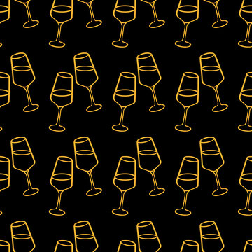 Seamless vector Pattern with wine glasses for Valentine's Day design. Hand drawn party background. Date and night out concept.