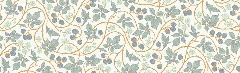 Peel and stick wall murals Hall Floral botanical blackberry vines seamless repeating wallpaper pattern- exquisite elegance gold and blue-gray version