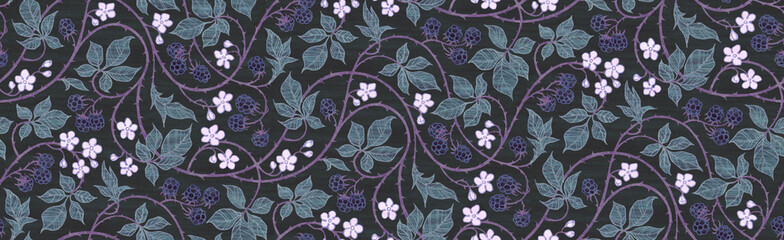 Floral botanical blackberry vines seamless repeating wallpaper pattern- cool dark violet version