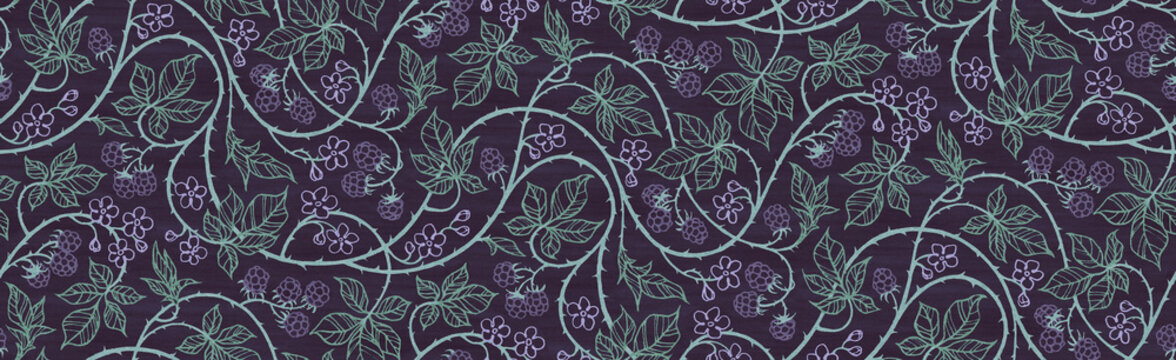 Floral botanical blackberry vines seamless repeating wallpaper pattern- cool violet shadow version