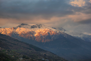 Panoramic view of the mountains of France on a winter sunny day. Haute Savoy, France.