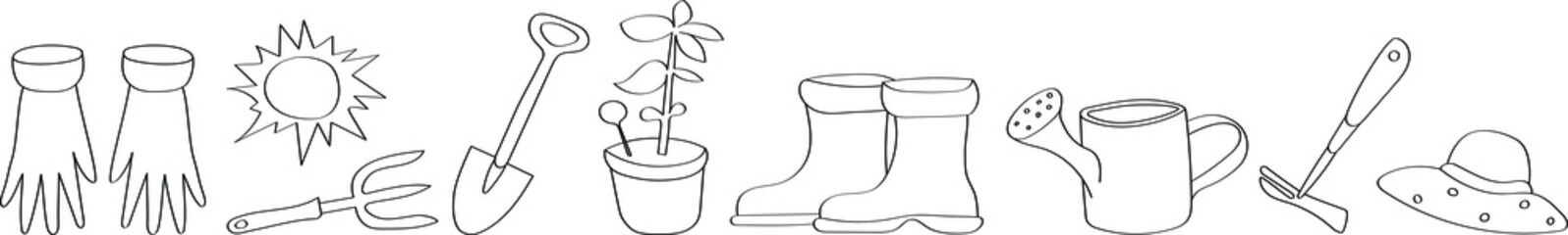 Garden symbols for website design in doodle style. The art line for children's coloring is drawn from black outlines.