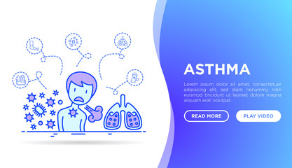 Asthma web page template. Man with asthma attack. Thin line icons: allergen, dyspnea, cough, wheezing, chest pain, diaphragm, sputum, inhaler, nebulizer. Modern vector illustration.