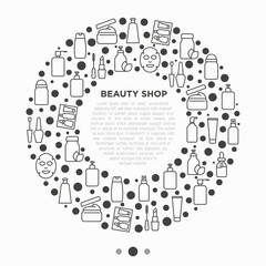 Beauty shop concept in circle with thin line icons: skin care, cream, gel, organic cosmetics, make up, soap dispenser, nail care, beauty box, face oil, sheet mask. Modern vector illustration.