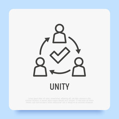Unity thin line icon. Successful communication employees. Teamwork, collaboration. Circle of people with check mark. Modern vector illustration.