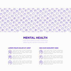 Mental health template with copy space and thin line icons: mental growth, negative thinking, emotional reasoning, logical plan, obsession, inner dialogue, balance, self identity. Vector illustration.