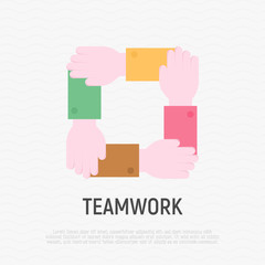 Teamwork, unity, trust and corporate partnership. Flat icon. Four hands holding each other by wrist. Modern vector illustration.