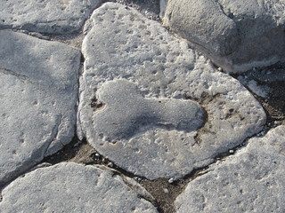Phallic shaped carving on the road in Pompeii, Italy pointing the way to the brothel 