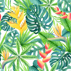 Seamless pattern with hand-drawn watercolor leaves and flowers.