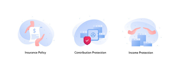 Insurance color icon collection. Income and contribution protection concept. Vector flat Illustration set. Hands holding paper document, money sign and red shield. Design element for banner, web, ui