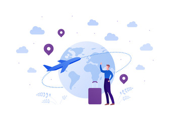 Travel around world concept. Vector flat person illustration. Male character with luggage tourist bags. Airplane, planet earth and pin sign. Design element for banner, background, sketch, art.