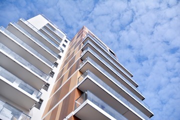 New building condominium. Modern apartment complex exterior.