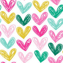 Seamless vector pattern with doodle hearts in bright color palette. - 327198217
