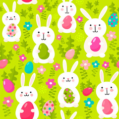 Seamless vector pattern with cute rabbits and easter eggs. Happy Easter illustration with bunnies.