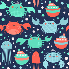 Seamless pattern with marine life. Vector illustration with crabs, jellyfish and boats in childish style.