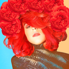 Contemporary art collage.  Girl with red hair and roses. Bloom mood