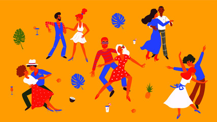 Set of men and women dancing salsa, samba, rumba, latin dance. Male and female dance at school. Characters having fun at party. Flat colorful vector illustration for Instagram story.