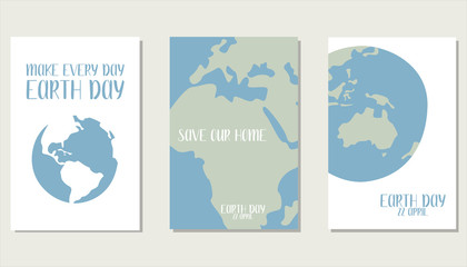 Naklejka premium Happy Earth Day, environment safety celebration. Vector set of 3 ready-to-use card. Perfect for print, social poster, ecology postcard, flyer