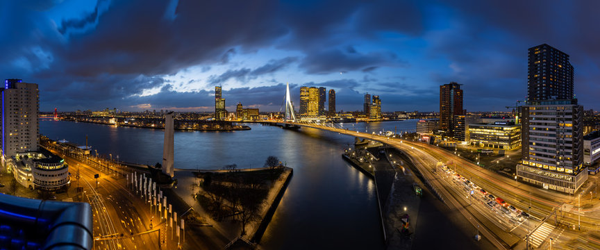 Rotterdam, the Netherlands - Februari 18 2020: view over the skyline of Rotterdam during blue hour in the morning