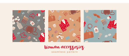 Fototapeta premium Vector fashion hand drawn seamless pattern with women’s accessories and cosmetics. Women’s background with bags, makeup tools, glasses, pajamas and vase with cotton for design end packages product