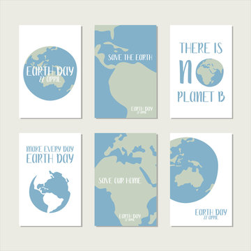 Happy Earth Day, environment safety celebration. Vector set of 6 ready-to-use card. Perfect for print, social poster, ecology postcard, flyer