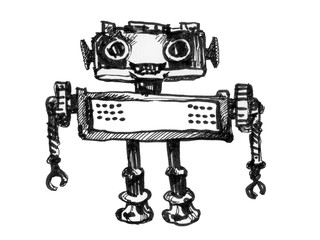 Fototapeta premium Robot character. Vintage toys. Ink drawing. 