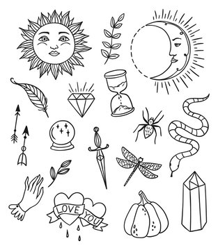 Hand drawn magic set, witchcraft vector doodle symbols. Magician and alchemy signs collection: snake, crystal, sun, moon, feather, pumpkin, dirk.