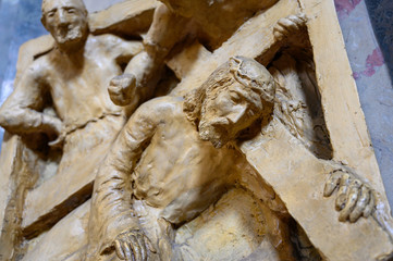 Pápa, Hungary. 2020/2/13. Jesus falls. Station of the Cross. Church of Saint Stephen in Pápa, Hungary.