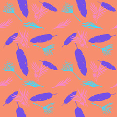 Funky Tropical Vector Seamless Pattern. Monstera Feather Dandelion Banana Leaves Tropical Seamless Pattern. 