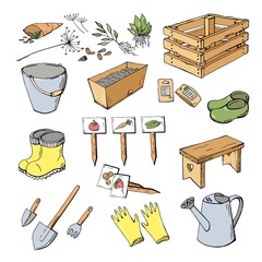 Sketch set with color garden tool, collection isolated elements on white background. Yellow, brown, green, blue, gray. Gardening tools. Hand drawn vector illustration object.