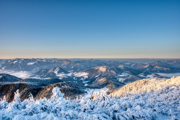 Gorgeous winter landscape in the mountains with snow on trees at sunrise, slovakia Velky Choc