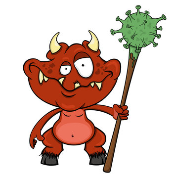 monster or devil holds a baton with coronavirus. cartoon vector .isolated on white background. stock illustration