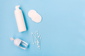 Face care. Feminine hygiene products, washing foam, micellar water, cotton pads and ear sticks.