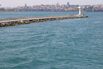 Port and lighthouse in front of Haydarpasa pier. Close up.