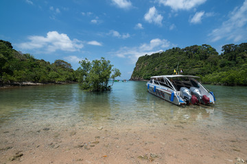 White speed boat anchored on the exotic coast of a beautiful island. Beautiful green island, blue sky with white fluffy clouds wallpaper. Ko Rok Yai, Thailand